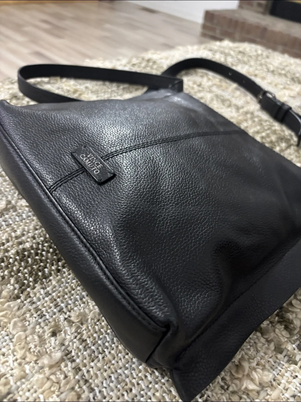 Vince Camuto Livy Large Crossbody Black Leather Bag with Silver Ring Accent
